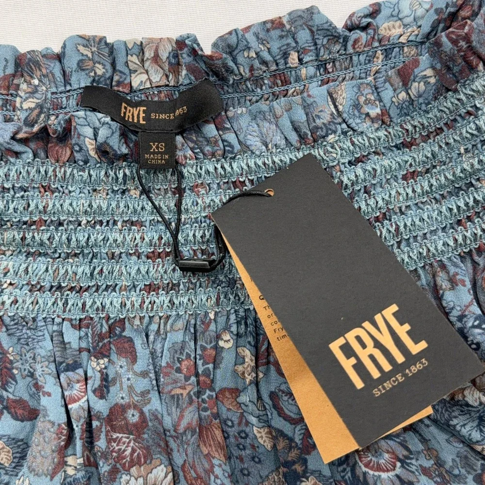 Frye Blouse Magdalena Smocked Floral Off Shoulder Blue Women XS NWT FWWF11848